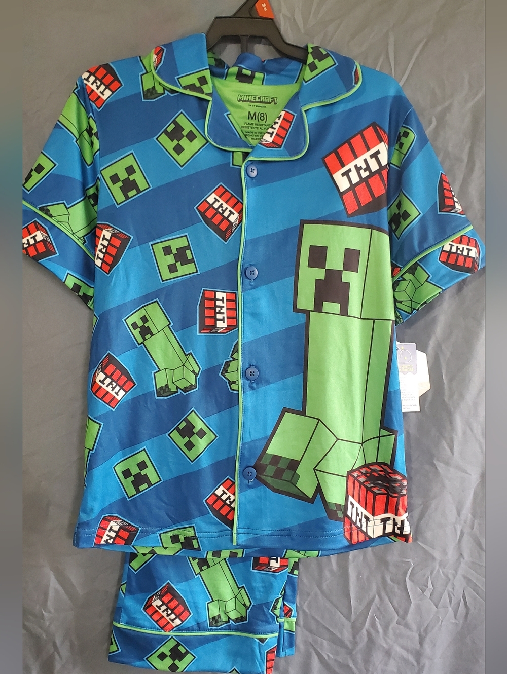 Minecraft Kids Blue/Green Creeper Short Sleeve Pajama Set, NWT, Flamr Resistant